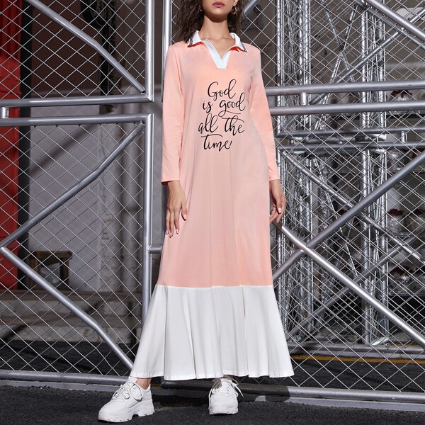 

Collared Slogan Graphic Flippy Hem Two Tone Dress, Pastel baby pink