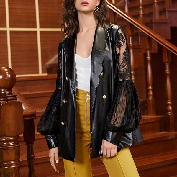 

Scallop Trim Collar Lace Sleeve PU Leather Blazer, Black