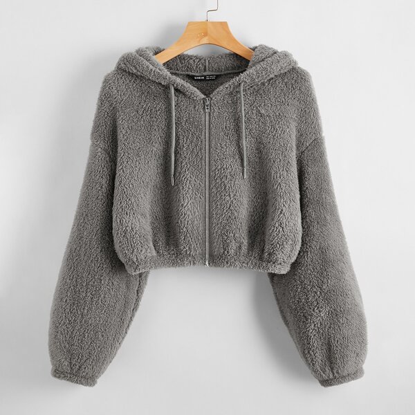 

Zip Up Drawstring Hooded Teddy Jacket, Grey