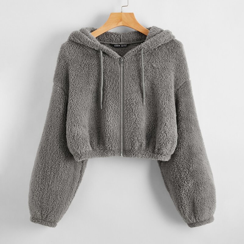 

Zip Up Drawstring Hooded Teddy Jacket, Grey