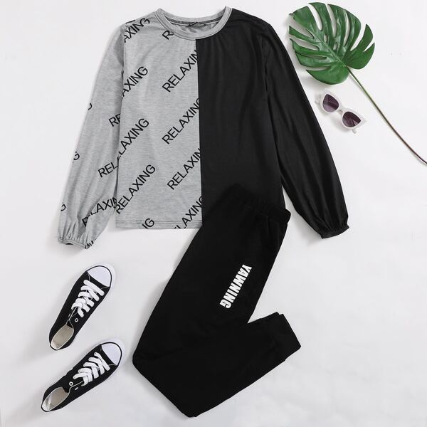 

Letter Graphic Two Tone Pullover & Sweatpants Set, Multicolor