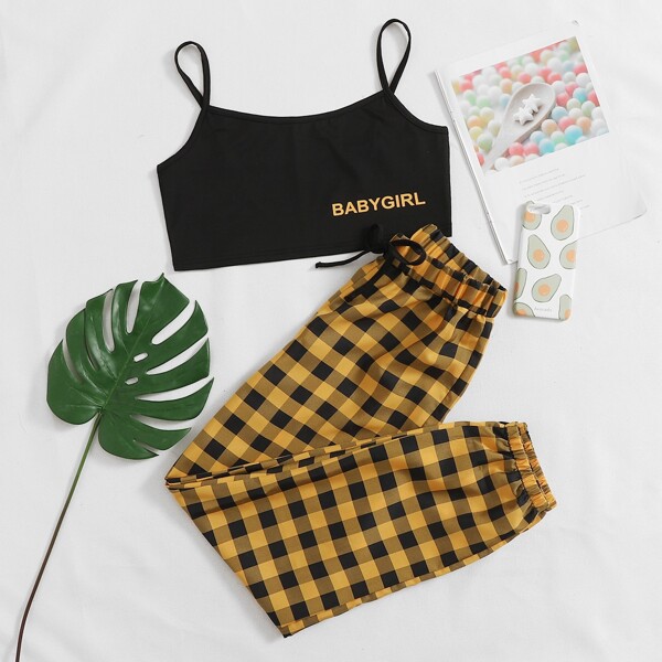 

Letter Graphic Cami Top & Gingham Pants Pajama Set, Multicolor