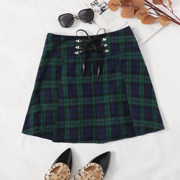 

Lace Up Front Tartan Skirt, Multicolor
