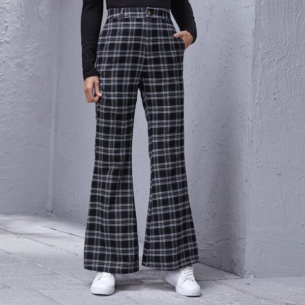 

Flare Leg Tartan Pants, Black