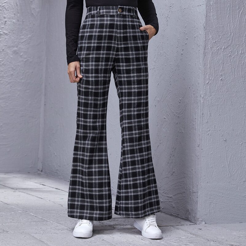 

Flare Leg Tartan Pants, Black
