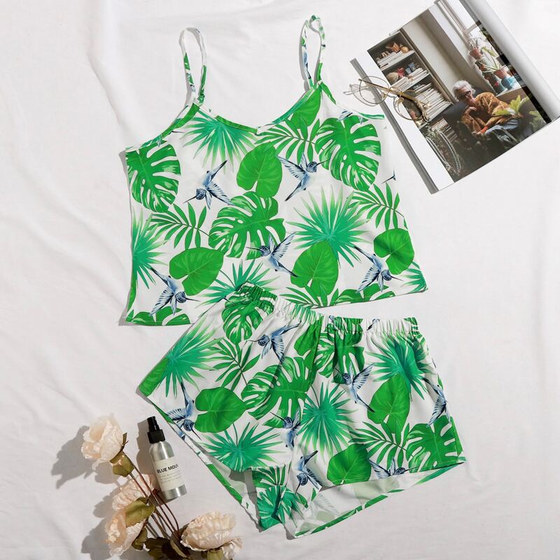 

Tropical And Bird Print Cami PJ Set, Green