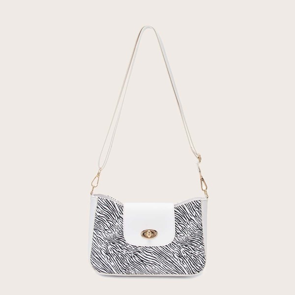 

Twist Lock Zebra Print Shoulder Bag, Black and white