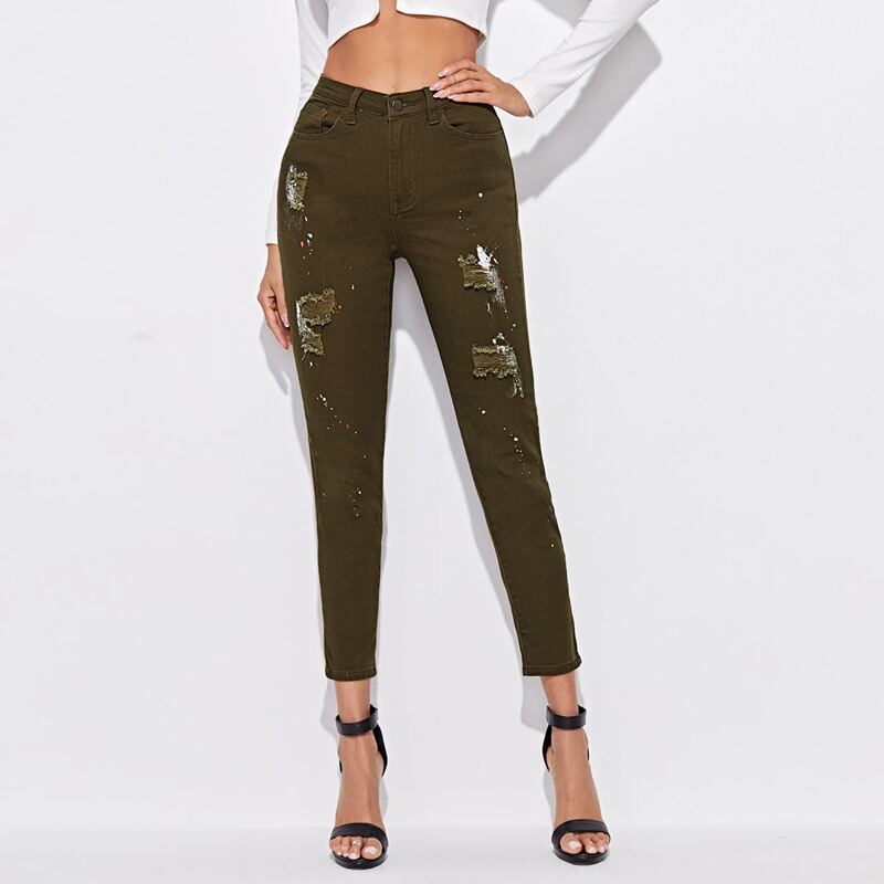 

High Waist Splash Ink Ripped Skinny Jeans, Army green