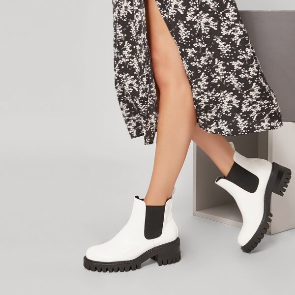 

Vegan Leather Lug Sole Block Heel Ankle Boots, White