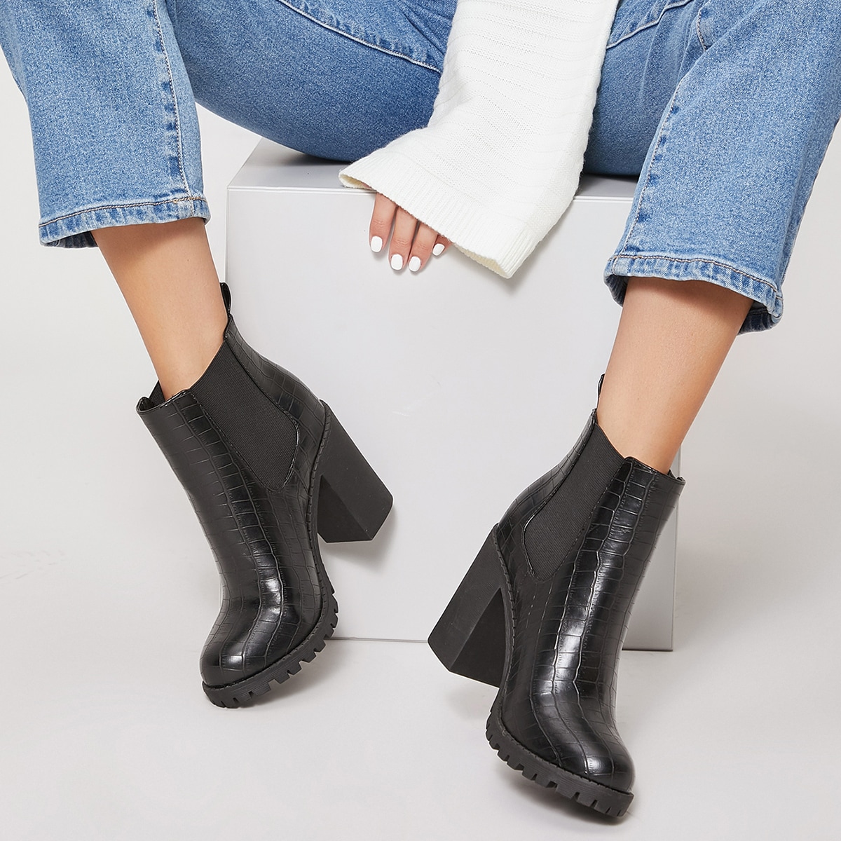 Image of Croc Embossed High Block Heel Chelsea Boots