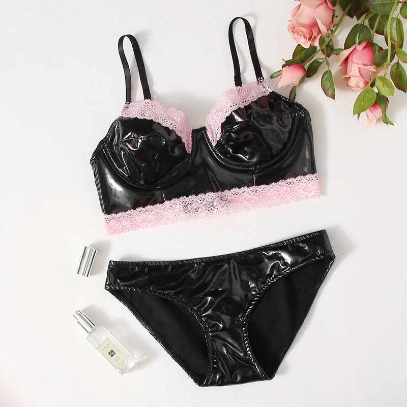 

PU Underwire Lace Trim Lingerie Set, Black