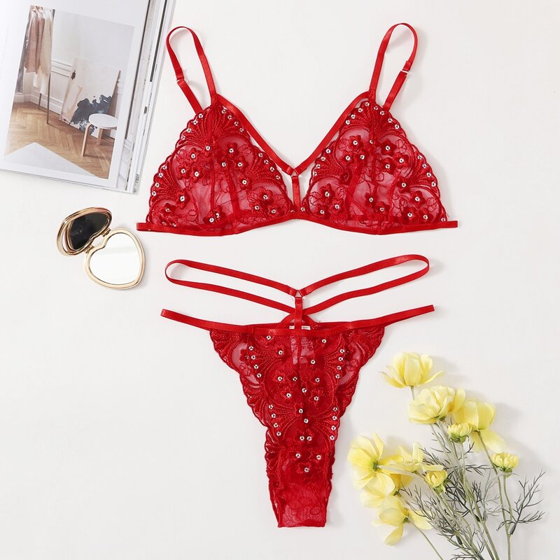

Contrast Sequin Lace Harness Lingerie Set, Red