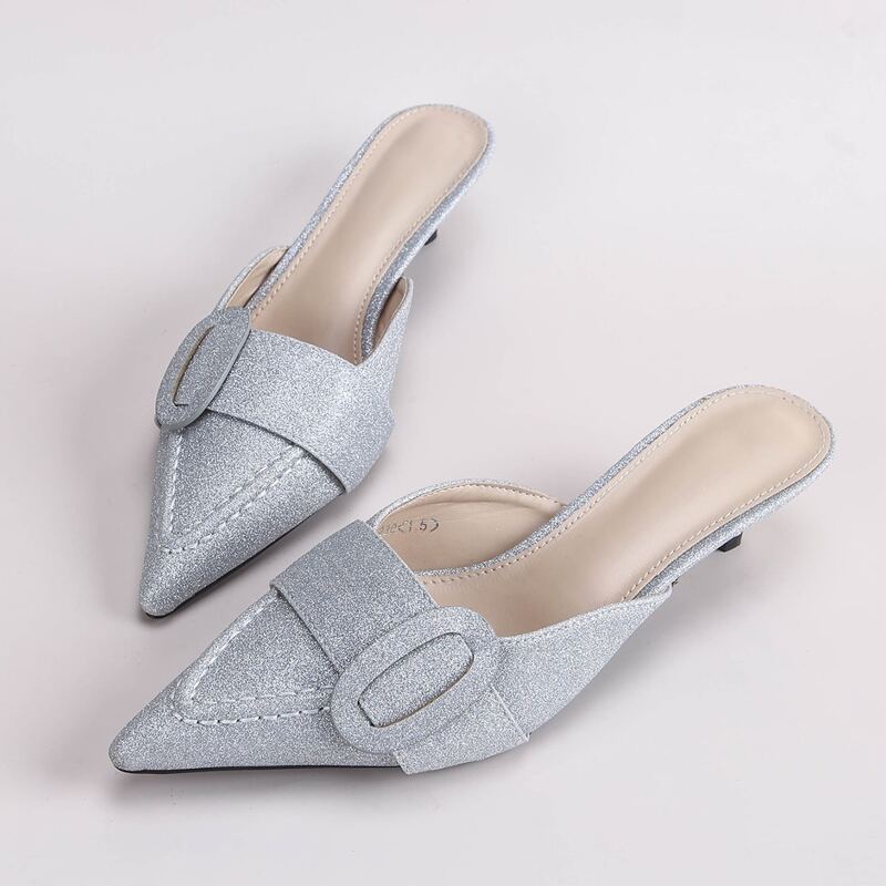 

Point Toe Mid Heeled Glitter Mules, Silver