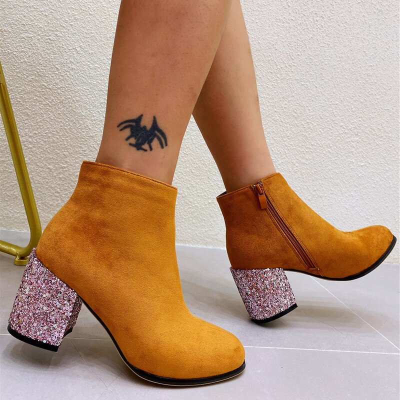 

Glitter Decor Side Zipper Chunky Heeled Boots, Brown
