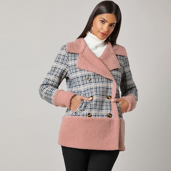 

Notch Collar Plaid Panel Faux Shearling Coat, Multicolor