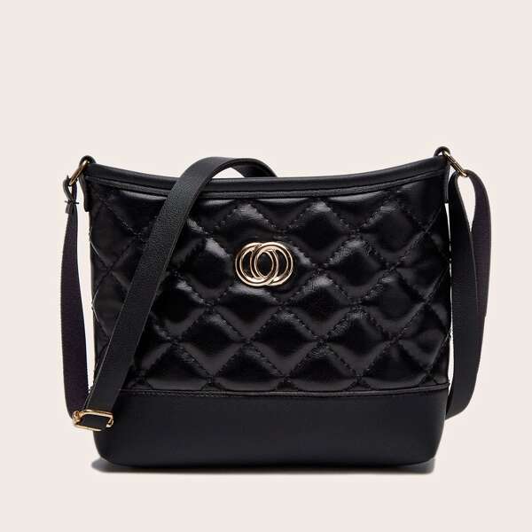 

Metal Decor Quilted Crossbody Bag, Black