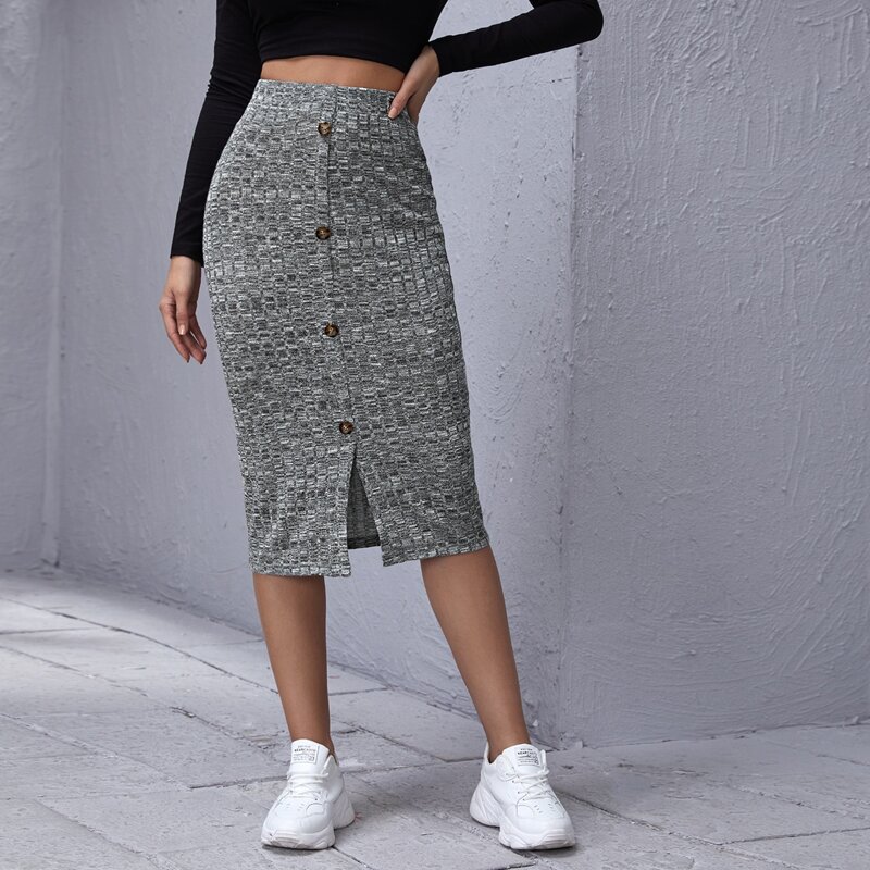 

Button Front Marled Skirt, Dark grey