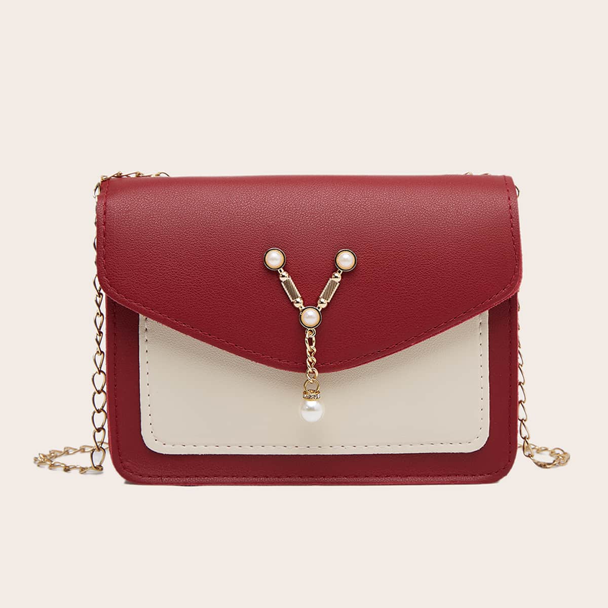 

Faux Pearl Decor Chain Crossbody Bag, Red