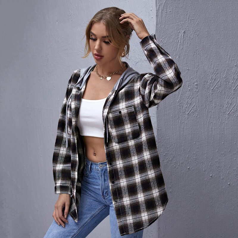 

Curved Hem Contrast Drawstring Hooded Tartan Coat, Multicolor