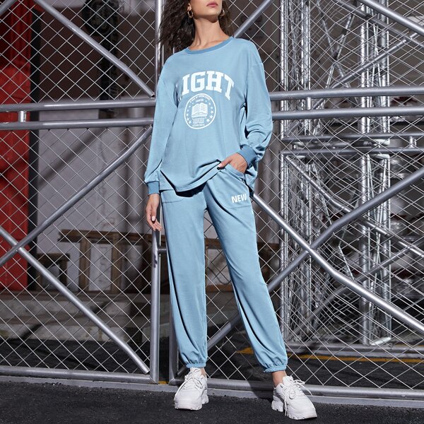 

Drop Shoulder Letter Graphic Pullover & Joggers Set, Baby blue