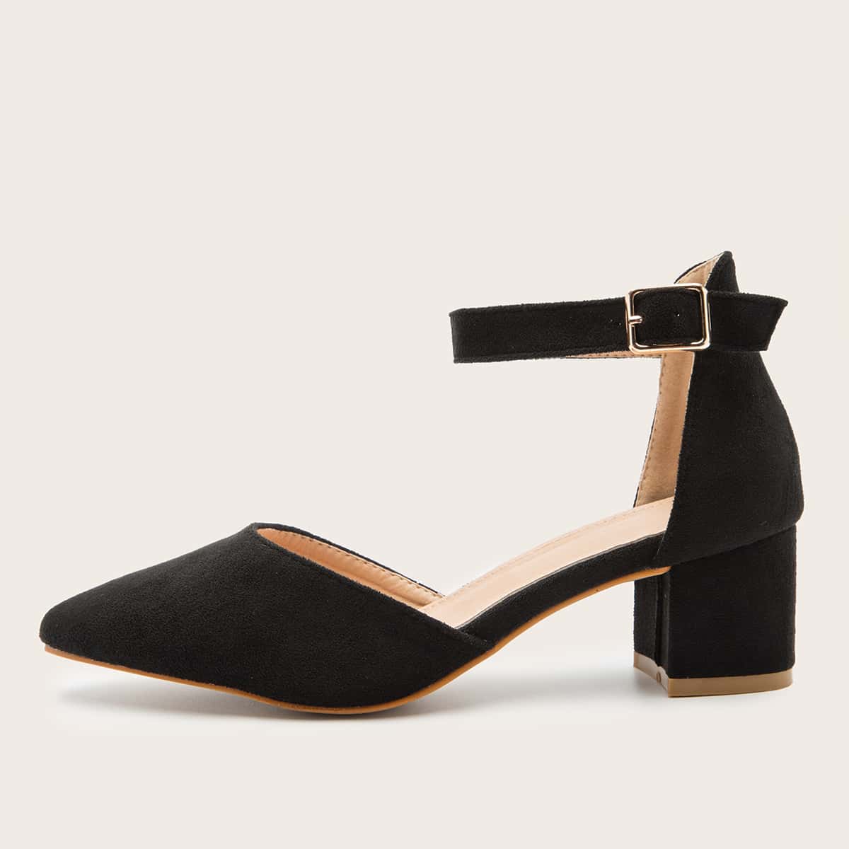 

Point Toe Mid Heeled Ankle Strap Suede Pumps, Black