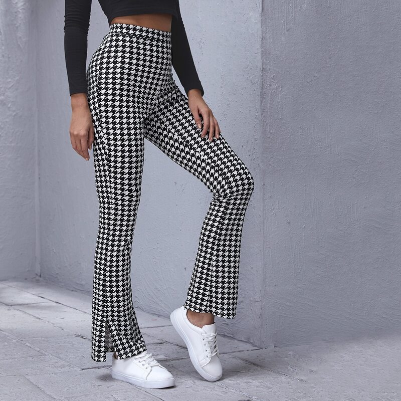 

Houndstooth Print Split Hem Flare Leg Pants, Black and white