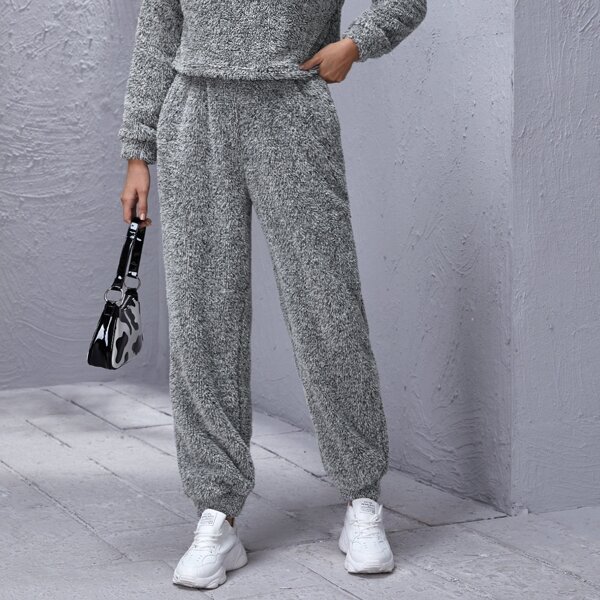 

Elastic Waist Slant Pocket Teddy Pants, Grey