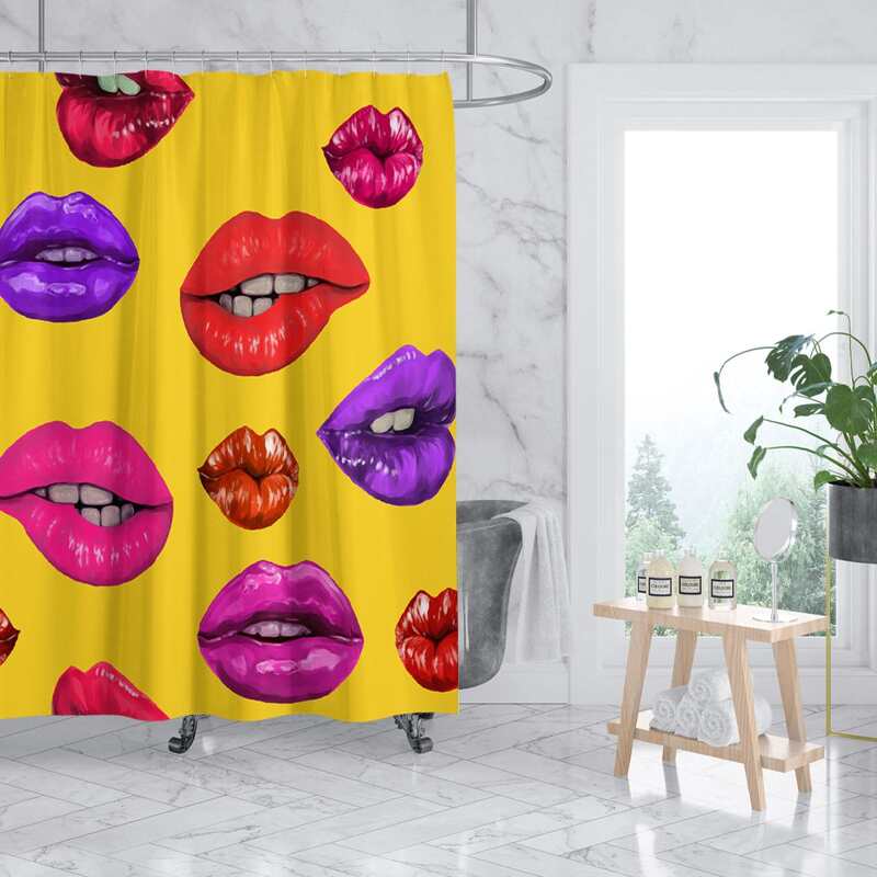 

Lip Print Shower Curtain With 12hooks, Multicolor
