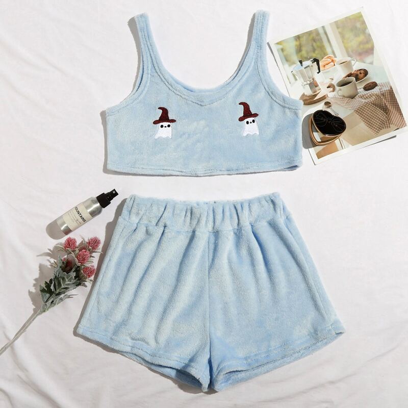 

Cartoon Ghost Embroidered Tank Pajama Set, Baby blue