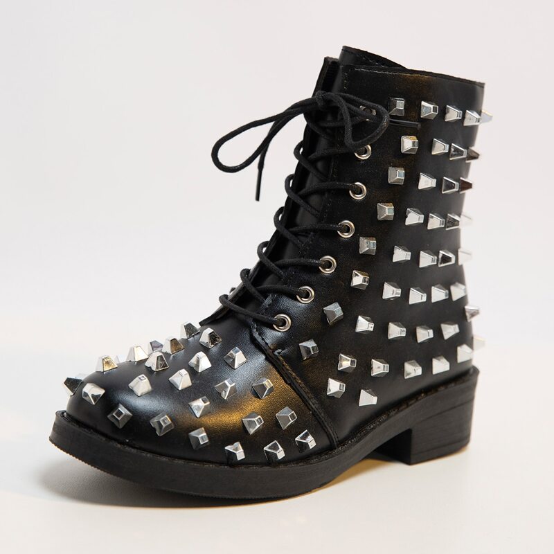 

Studded Lace-up Combat Boots, Black