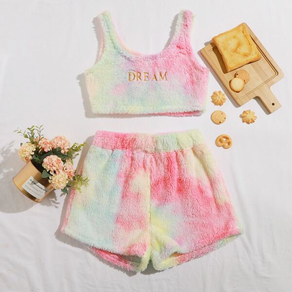 

Letter Embroidery Tie Dye Flannel Pajama Set, Multicolor