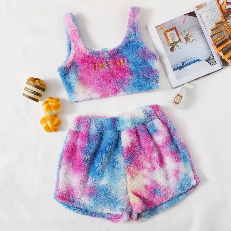 

Letter Embroidery Tie Dye Flannel Pajama Set, Multicolor