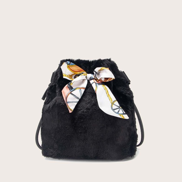 

Drawstring Fluffy Bucket Bag, Black