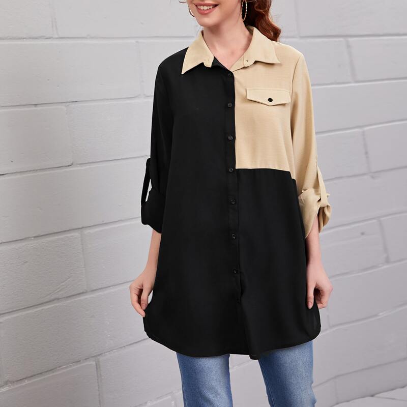 

Two Tone Button Up Longline Blouse, Multicolor
