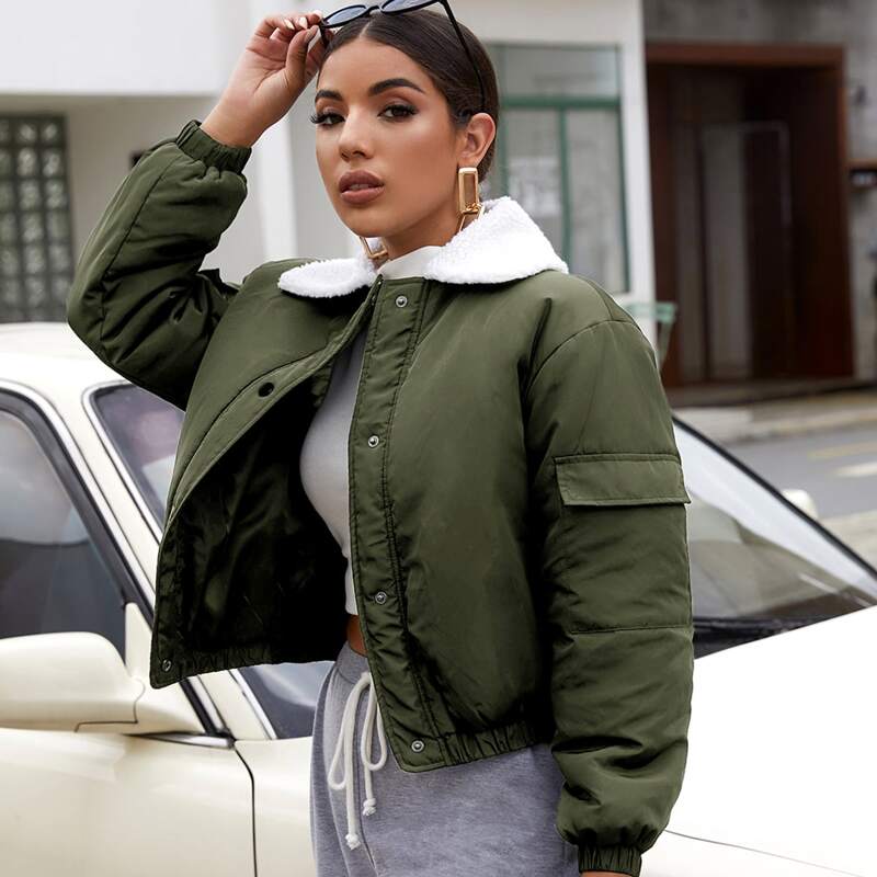 

Contrast Faux Shearling Collar Flap Pocket Puffer Jacket, Army green