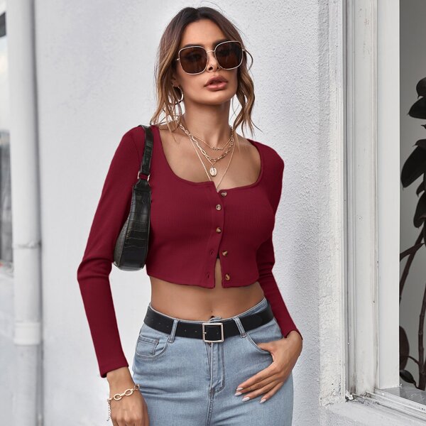

Button Front Rib-knit Tee, Burgundy