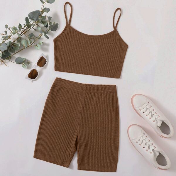 

Waffle Knit Cami Top and Biker Shorts Set, Brown