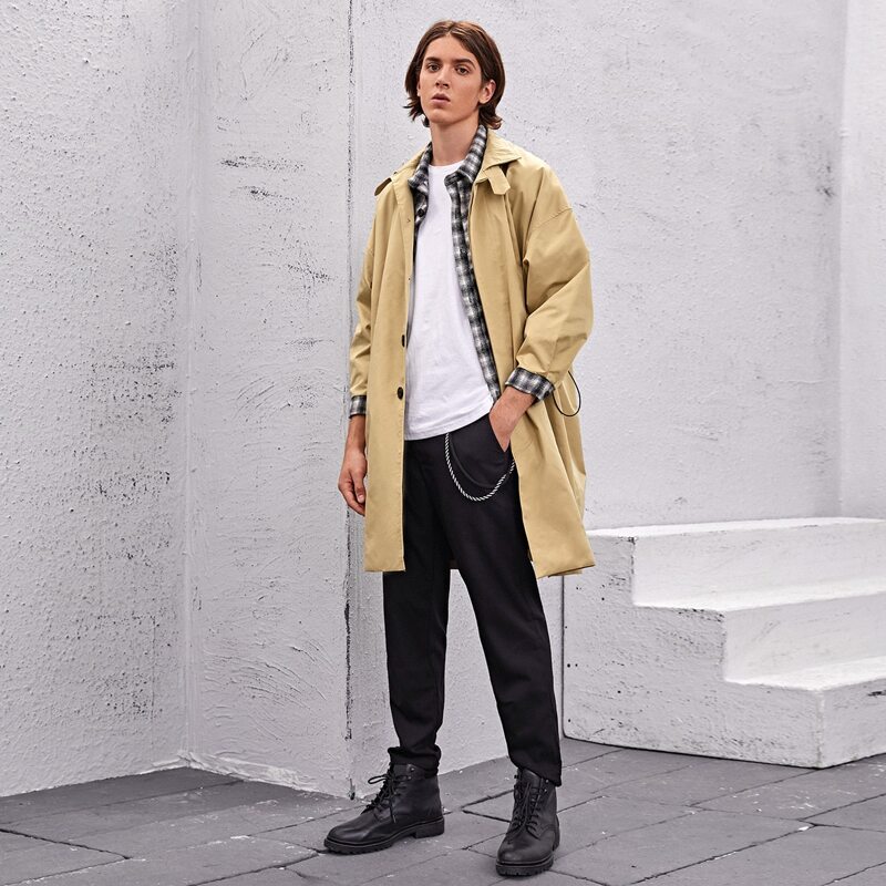 

Guys 2 In 1 Spliced Plaid Drop Shoulder Trench Coat, Khaki