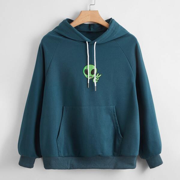 

Plus Alien Print Kangaroo Pocket Drawstring Hoodie, Navy blue