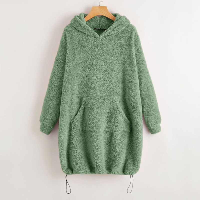 

Drop Shoulder Drawstring Hem Teddy Hooded Sweatshirt Dress, Green