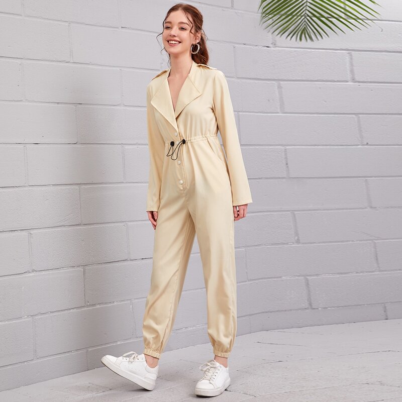 

Solid Button Front Drawstring Waist Jumpsuit, Yellow pastel