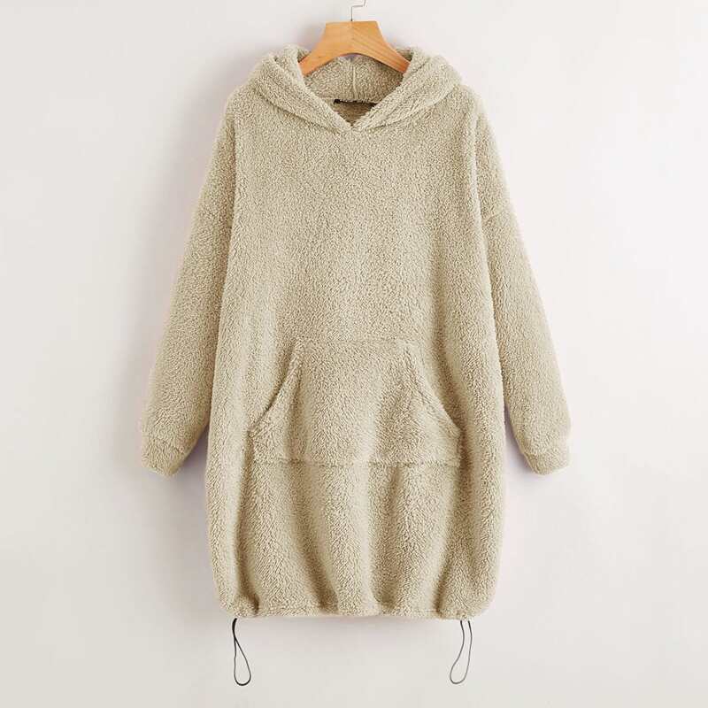 

Drop Shoulder Drawstring Hem Teddy Hooded Sweatshirt Dress, Beige