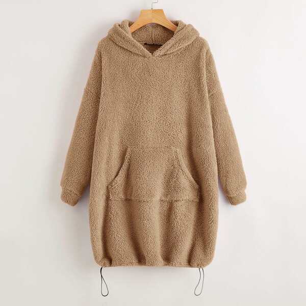 

Drop Shoulder Drawstring Hem Teddy Hooded Sweatshirt Dress, Mocha brown