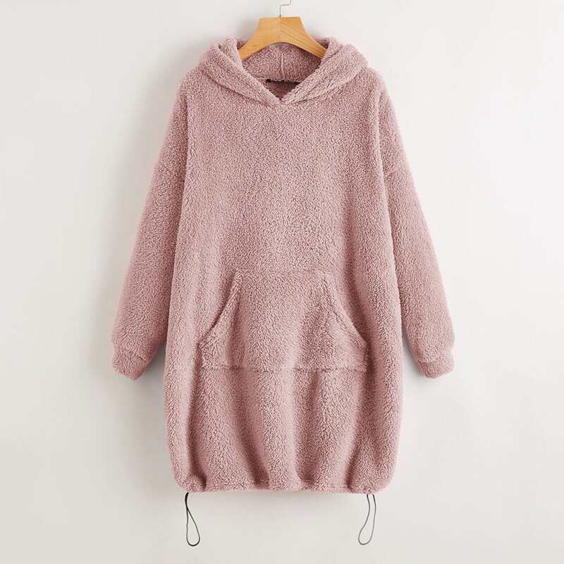 

Drop Shoulder Drawstring Hem Teddy Hooded Sweatshirt Dress, Dusty pink