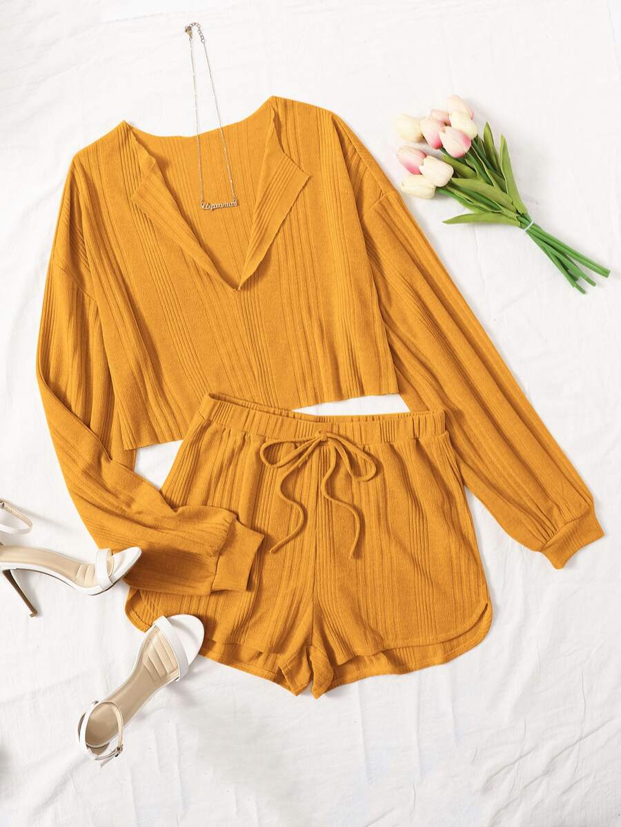 Plus Drop Shoulder Rib-knit Tee & Drawstring Track Shorts PJ Set - Mustard Yellow - View 1