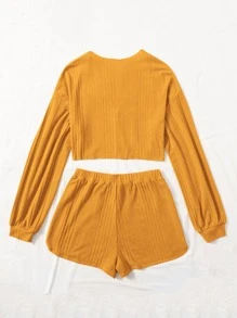 Plus Drop Shoulder Rib-knit Tee & Drawstring Track Shorts PJ Set - Mustard Yellow - View 2