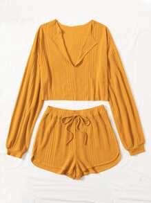 Plus Drop Shoulder Rib-knit Tee & Drawstring Track Shorts PJ Set - Mustard Yellow - View 3