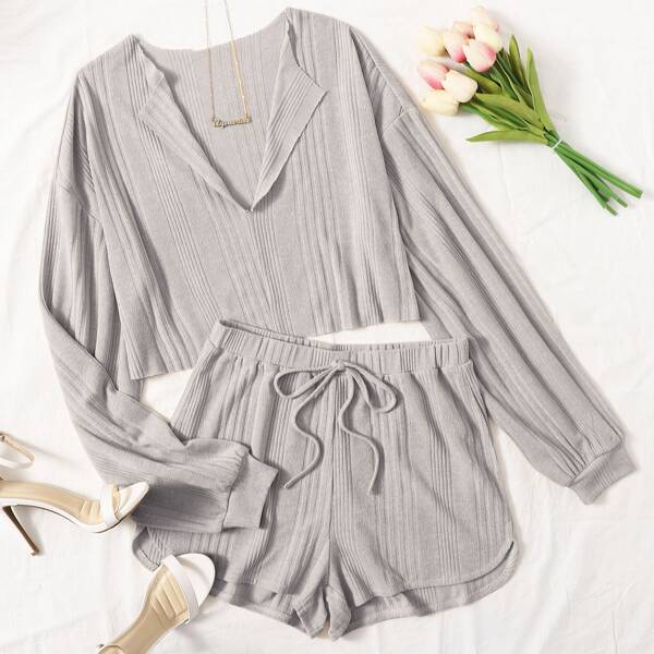 

Plus Drop Shoulder Rib-knit Tee & Drawstring Track Shorts PJ Set, Light grey