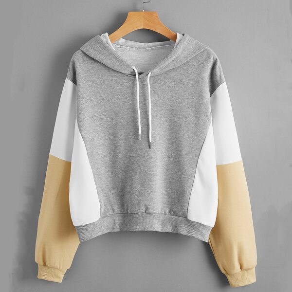 

Plus Color Block Drop Shoulder Drawstring Hoodie, Light grey