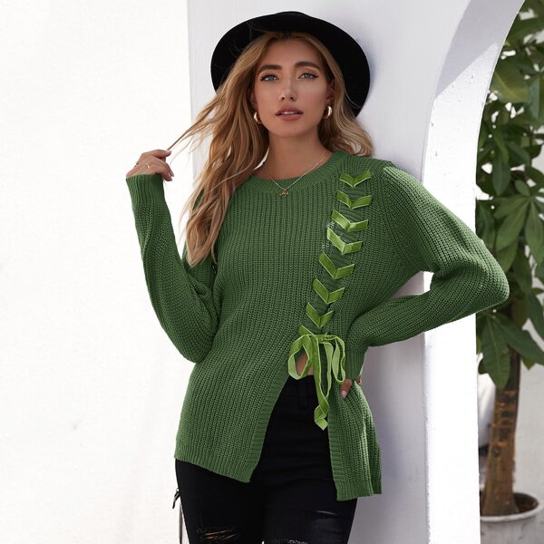 

Lace Up Knot Slit Hem Sweater, Green